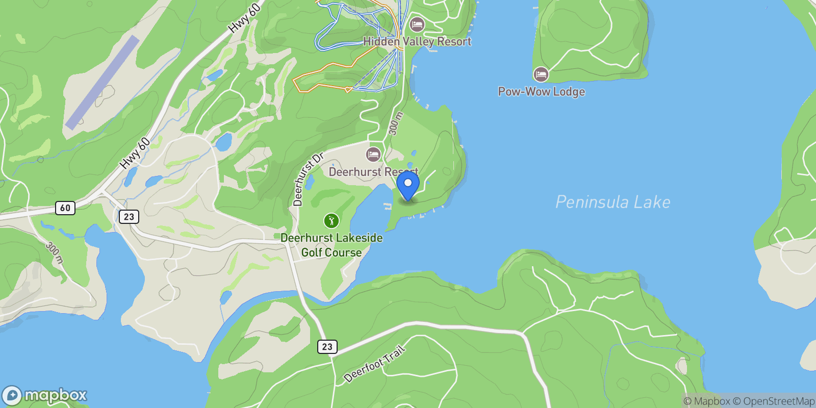 Map showing 25 Pen Lake Point Road 031, Huntsville, Ontario, Canada.