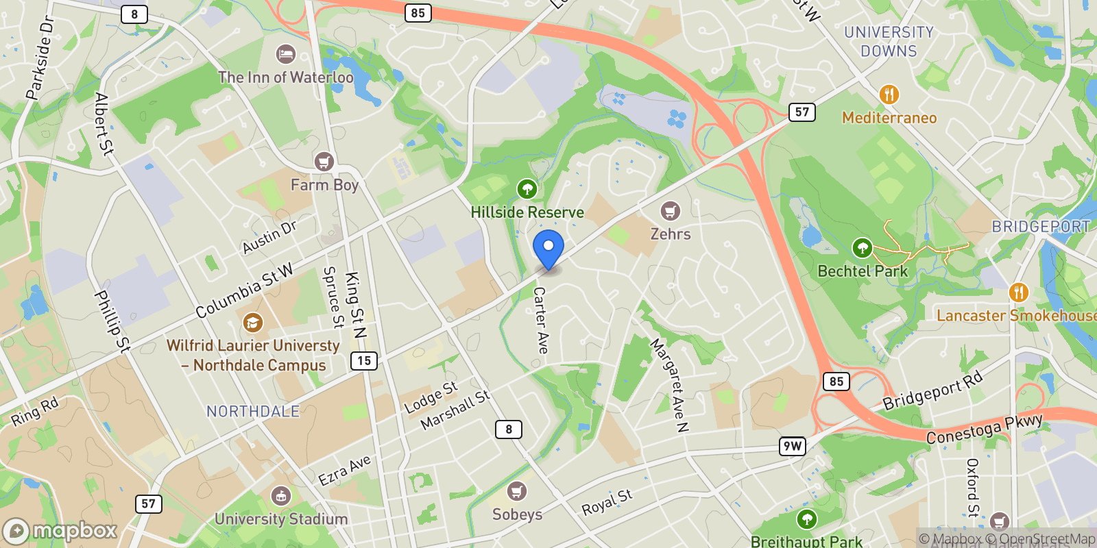 Map showing 155 University Avenue E, Waterloo, Ontario, Canada.
