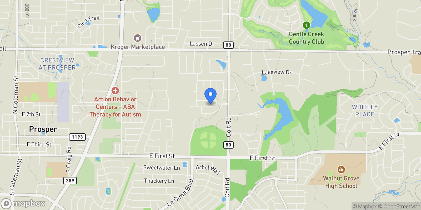 Map showing 2201 Longmont Lane, Prosper, Texas, United States.