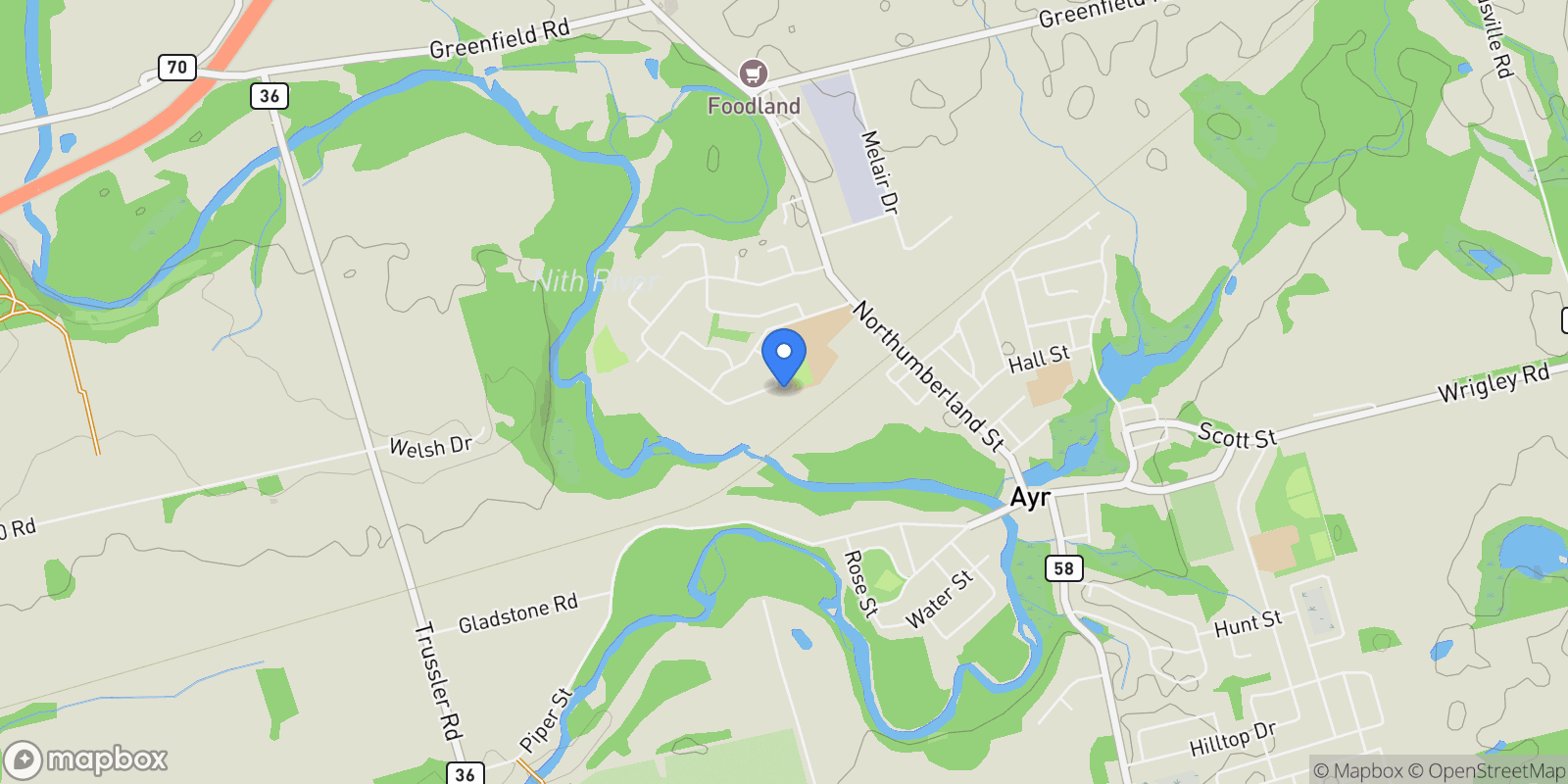 Map showing 180B Nith River Way, Ayr, Ontario, Canada.