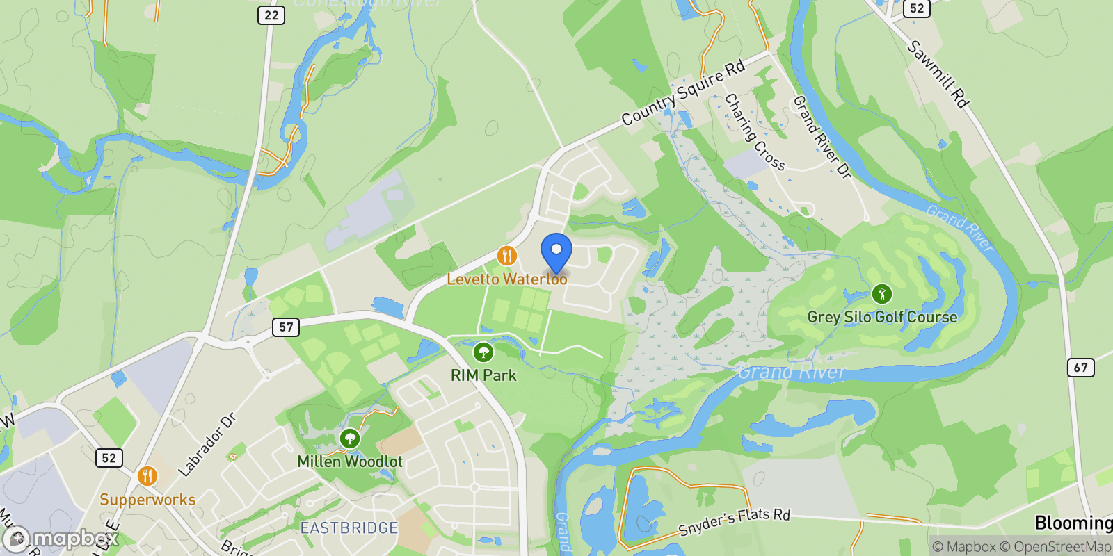 Map showing 245 Grey Silo Road 105, Waterloo, Ontario, Canada.