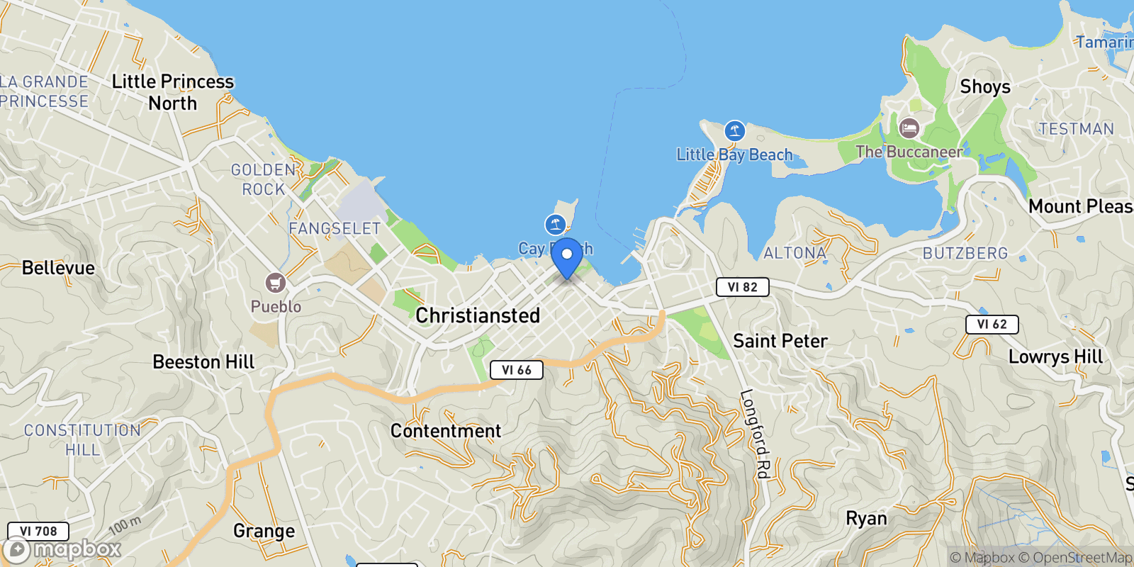 Map showing 1 Hill Street, St. Croix, 00820, Christiansted, St. Croix, U.S. Virgin Islands.