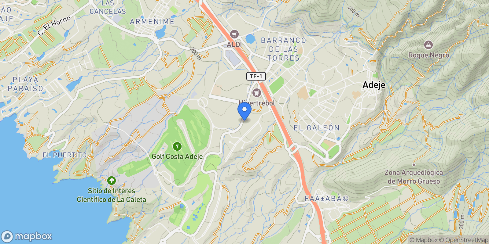 Map showing El Galeon, Adeje, Santa Cruz de Tenerife, Adeje, La Caleta, Adeje, Canary Islands.