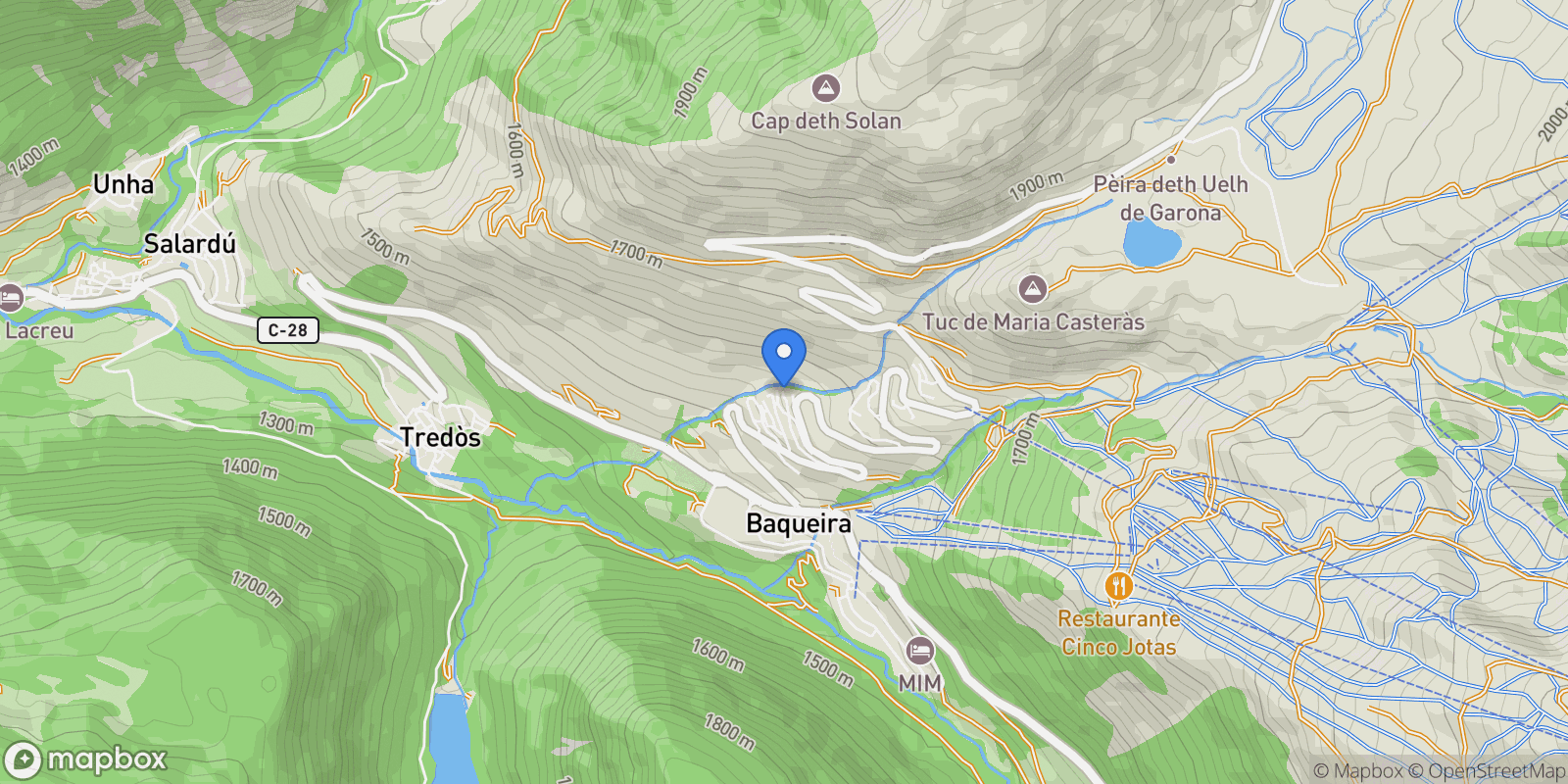 Map showing , Pleta Baqueira, Baqueira, Naut Aran, Catalonia.
