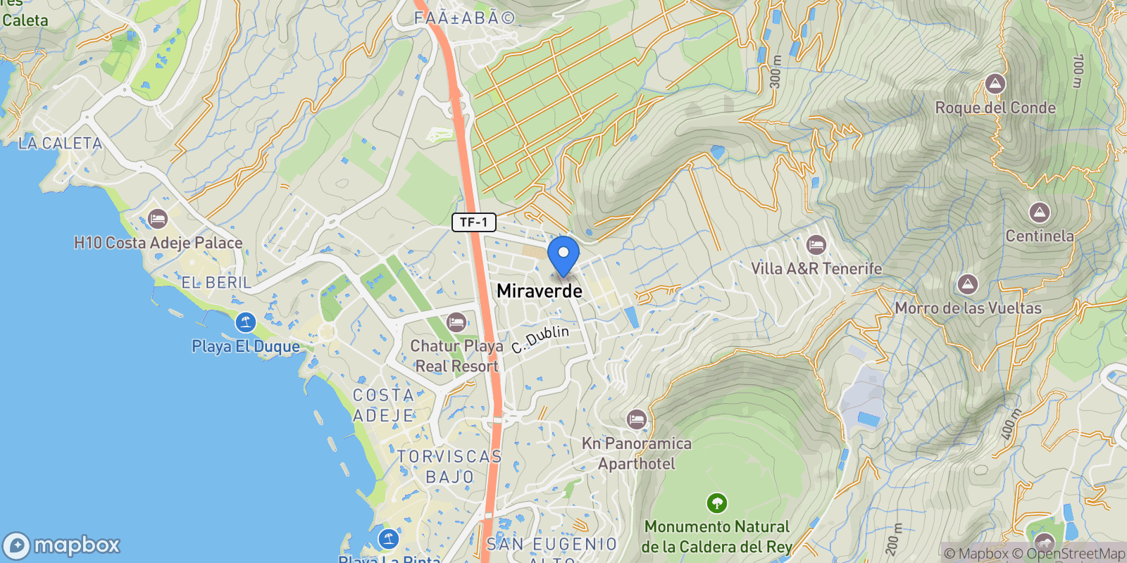 Map showing El Madroñal, Adeje, Santa Cruz de Tenerife, Adeje, Costa Adeje, Adeje, Canary Islands.