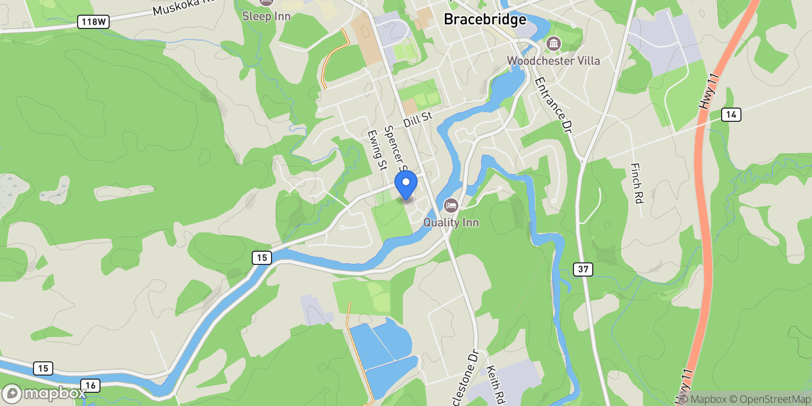 Map showing 9 Stormont Court, Bracebridge, Ontario, Canada.