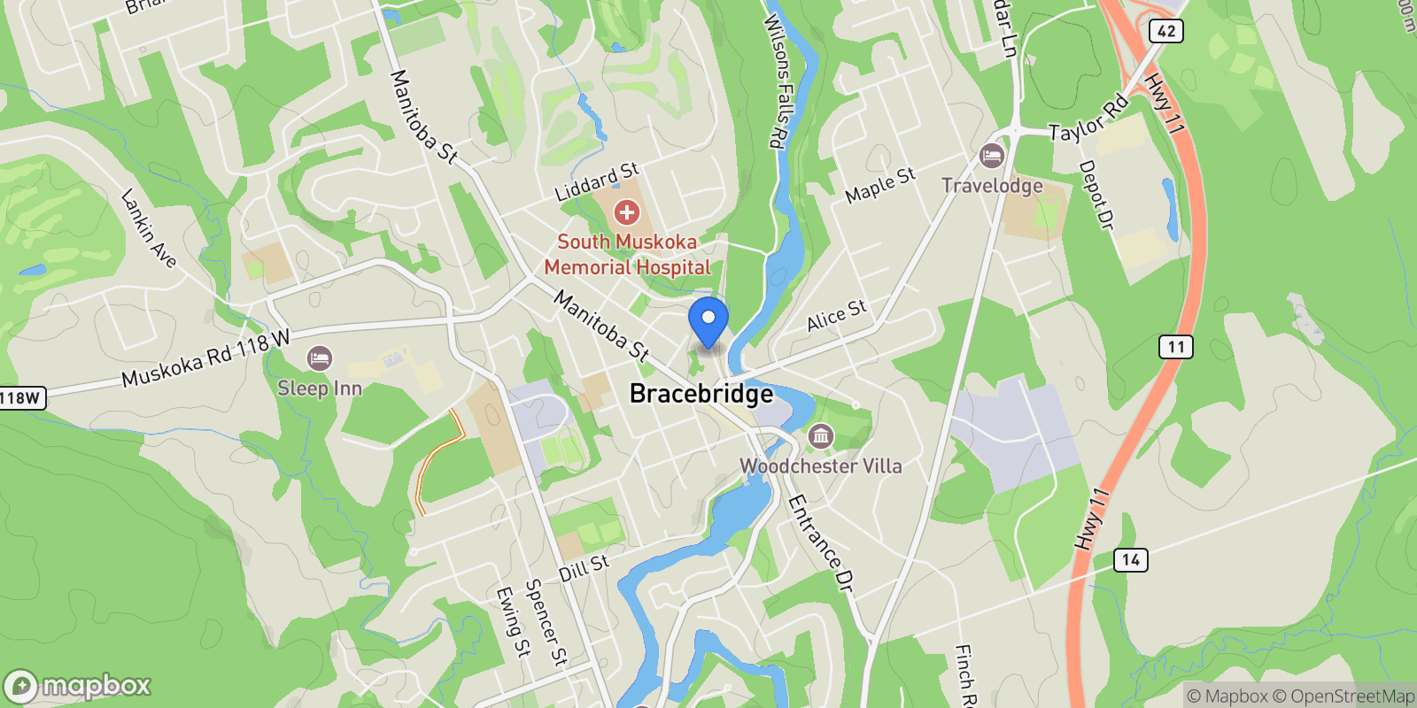 Map showing 84 Hiram Street, Bracebridge, Ontario, Canada.
