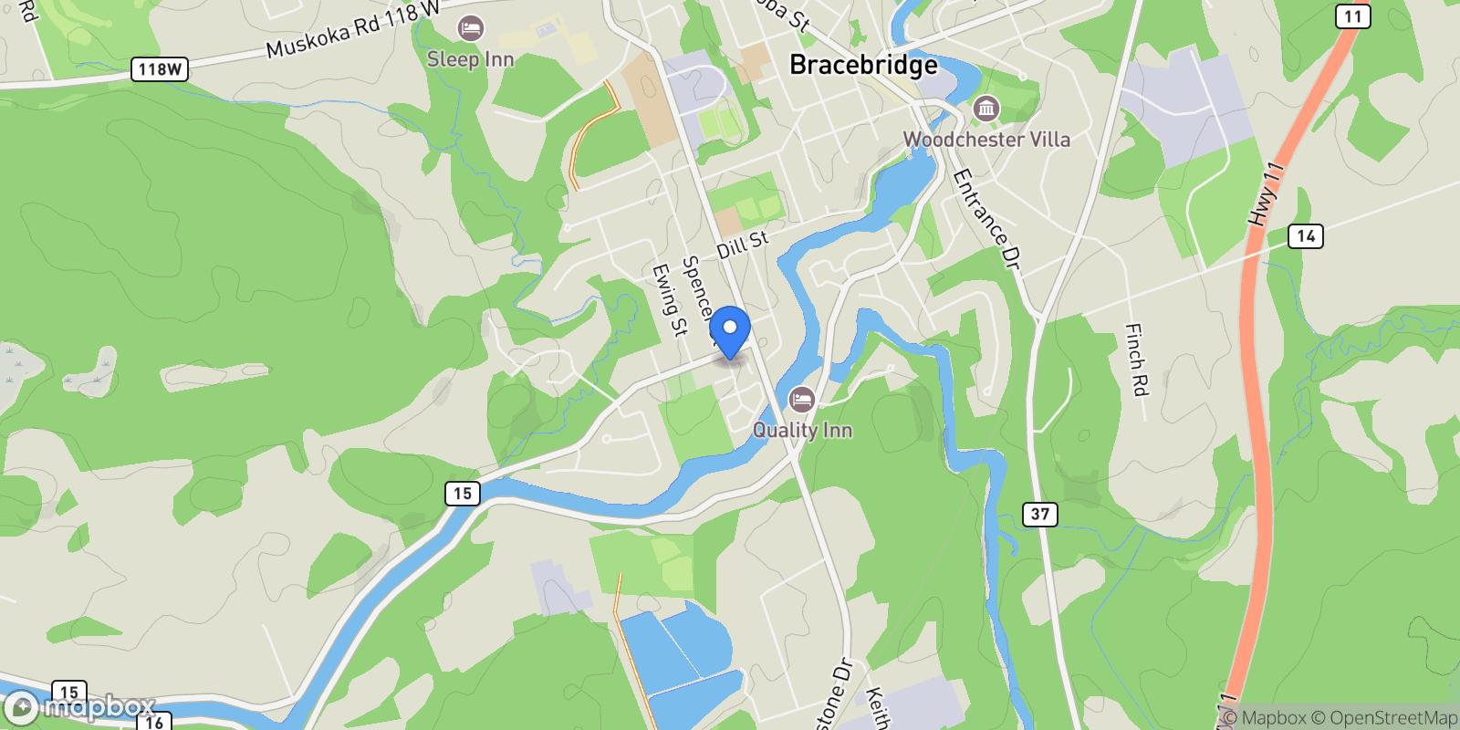 Map showing 23 Spencer Street, Bracebridge, Ontario, Canada.
