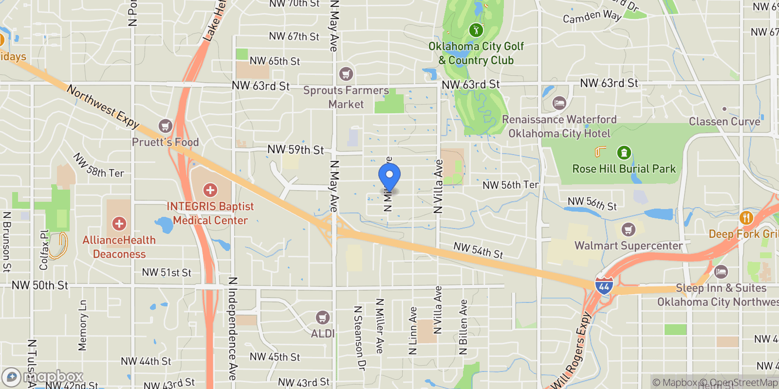 Map showing 5710 N Miller Avenue, Oklahoma City, Oklahoma, United States.