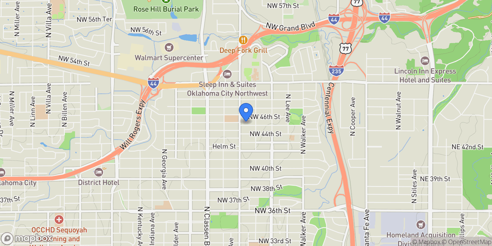 Map showing 1005 NW 45th Street, Oklahoma City, Oklahoma, United States.