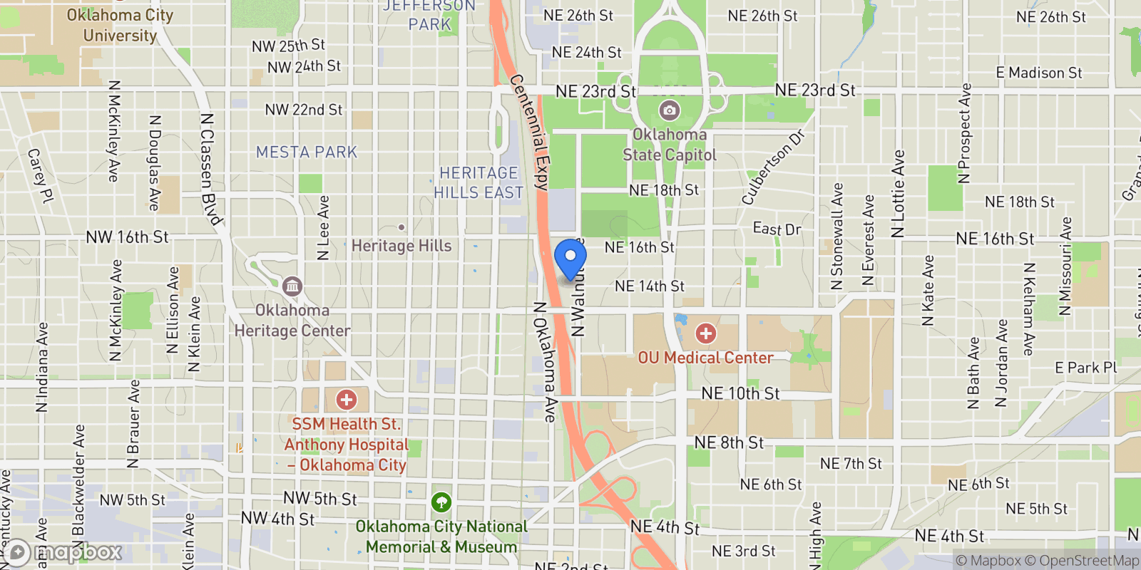 Map showing 141 NE 14th Street, Oklahoma City, Oklahoma, United States.