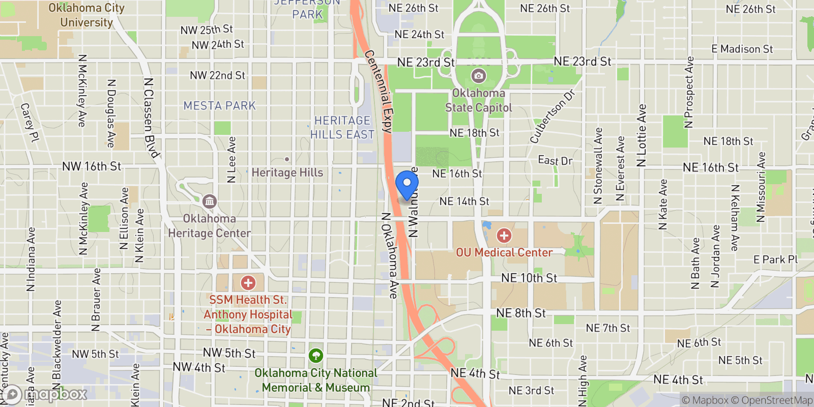 Map showing 138 NE 14th Street, Oklahoma City, Oklahoma, United States.