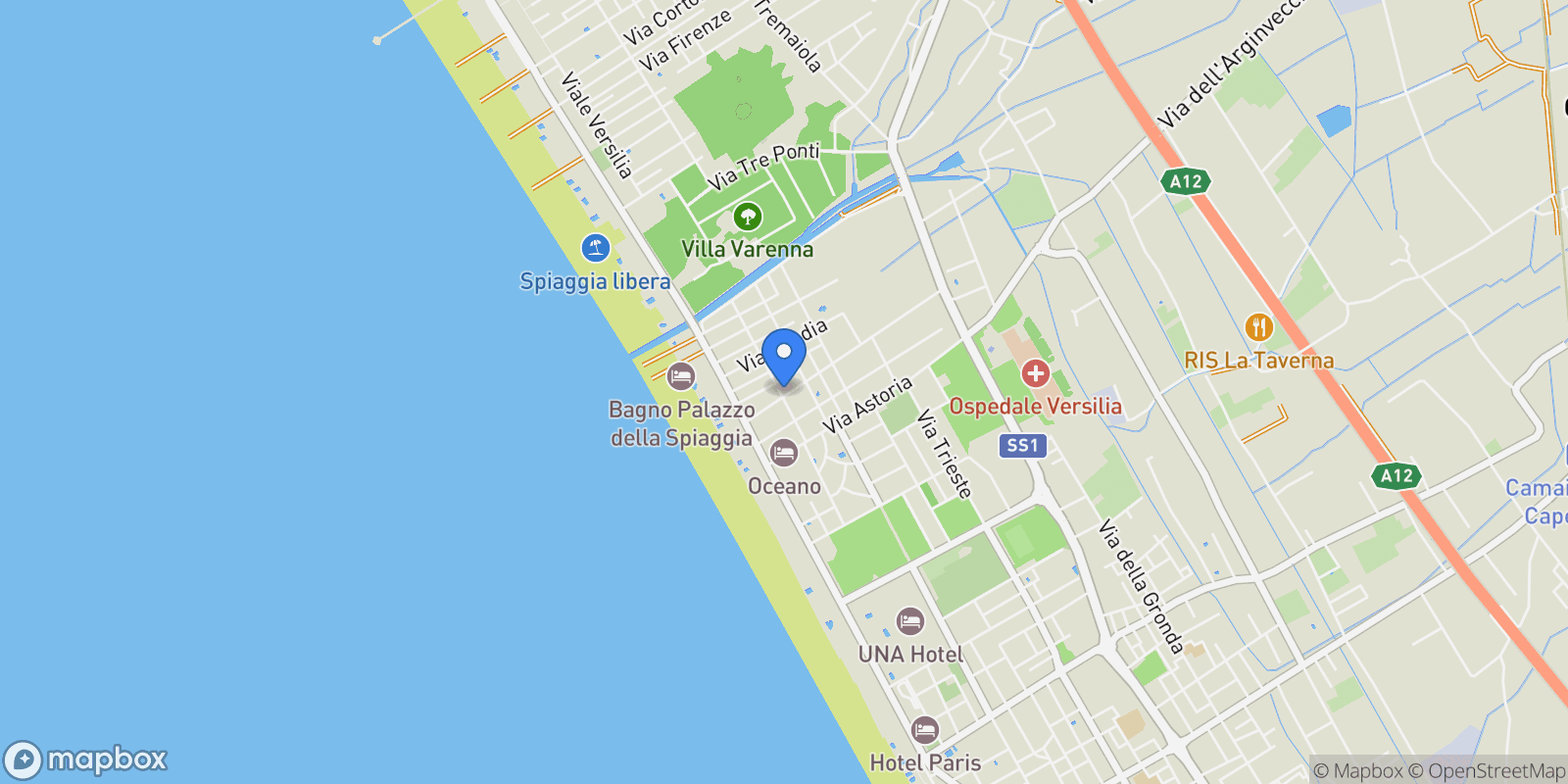 Map showing Pietrasanta - Focette, Marina di Pietrasanta, Tuscany, Italy.