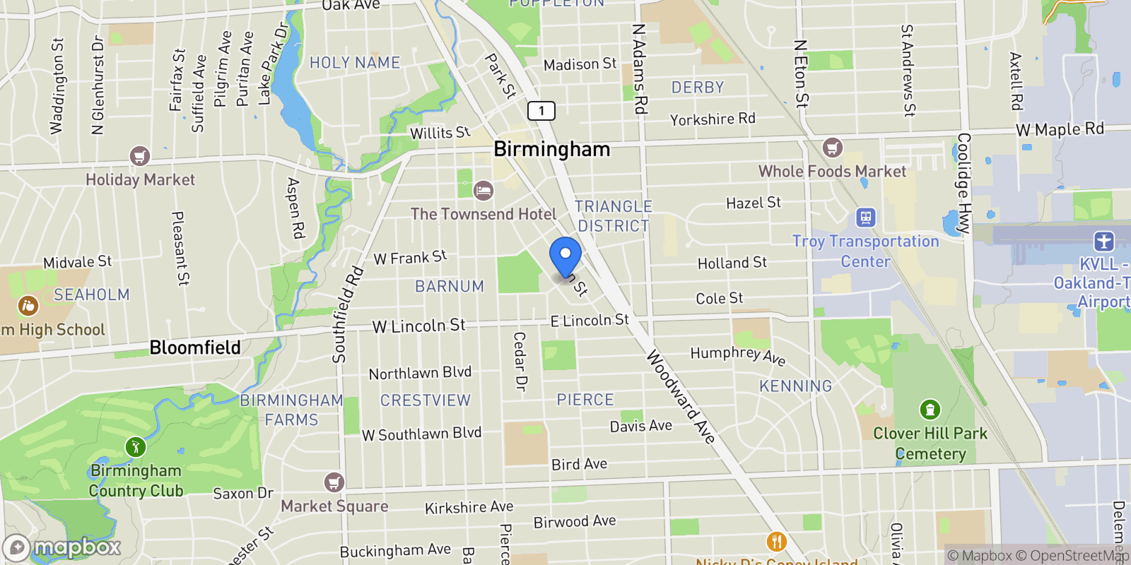 Map showing 512 GEORGE Street, Birmingham, Michigan, United States.