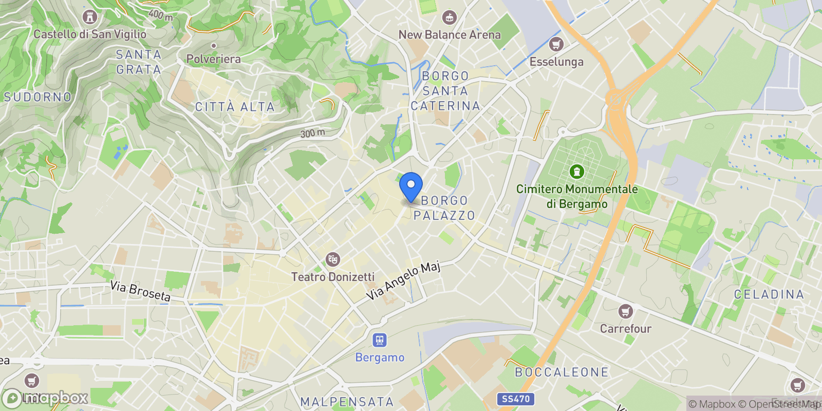 Map showing Via Borgo Palazzo 1, Bergamo, Lombardy, Italy.