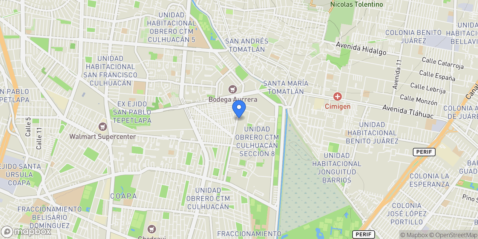 Map showing Ave María 23 Esq con Presidente Carranza Santa Catarina, Mexico City, 04010, Mexico City, Mexico.