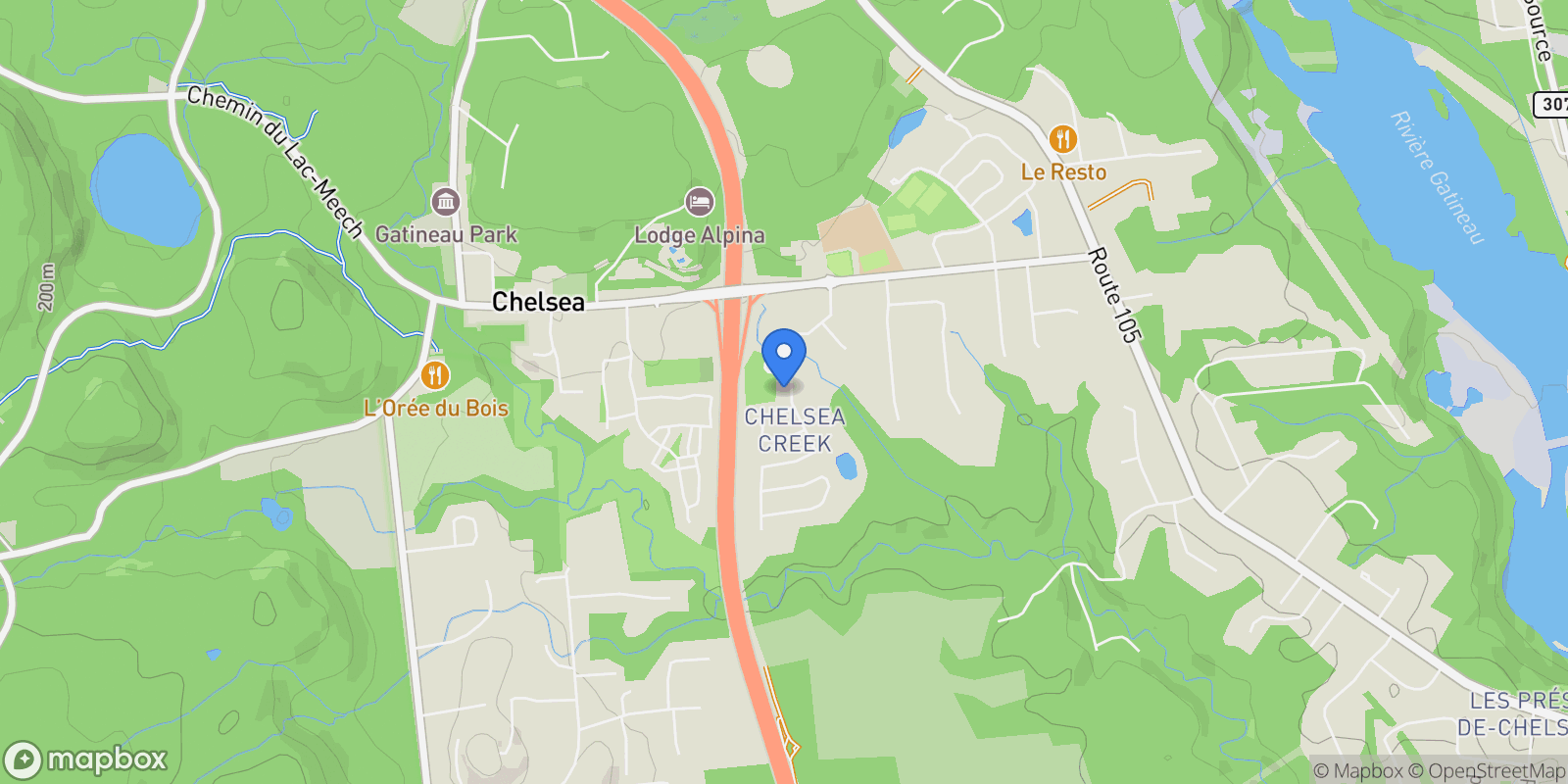 Map showing 208 Ch. Jean-Paul-Lemieux, Chelsea, Quebec, Canada.