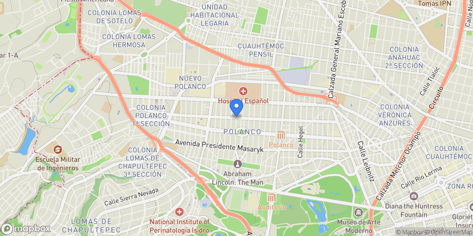 Map showing Anatole France Esquina con Campos Elíseos, Ciudad de México, 11560, Mexico City, Mexico.