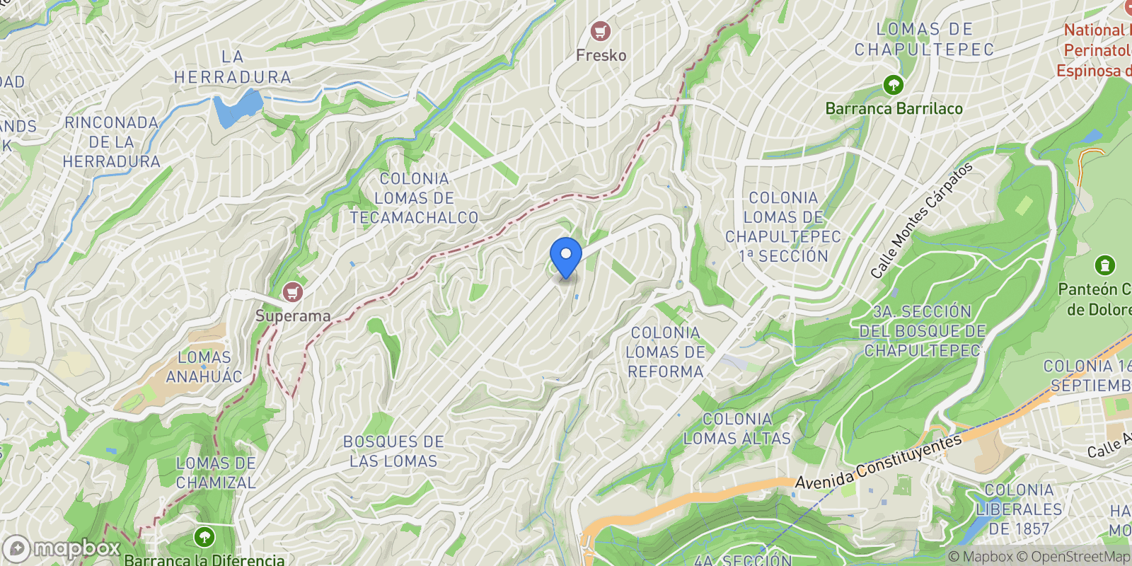 Map showing Bosques de las Lomas Bosque de Cocoteros, Mexico City, 11700, Mexico City, Mexico.