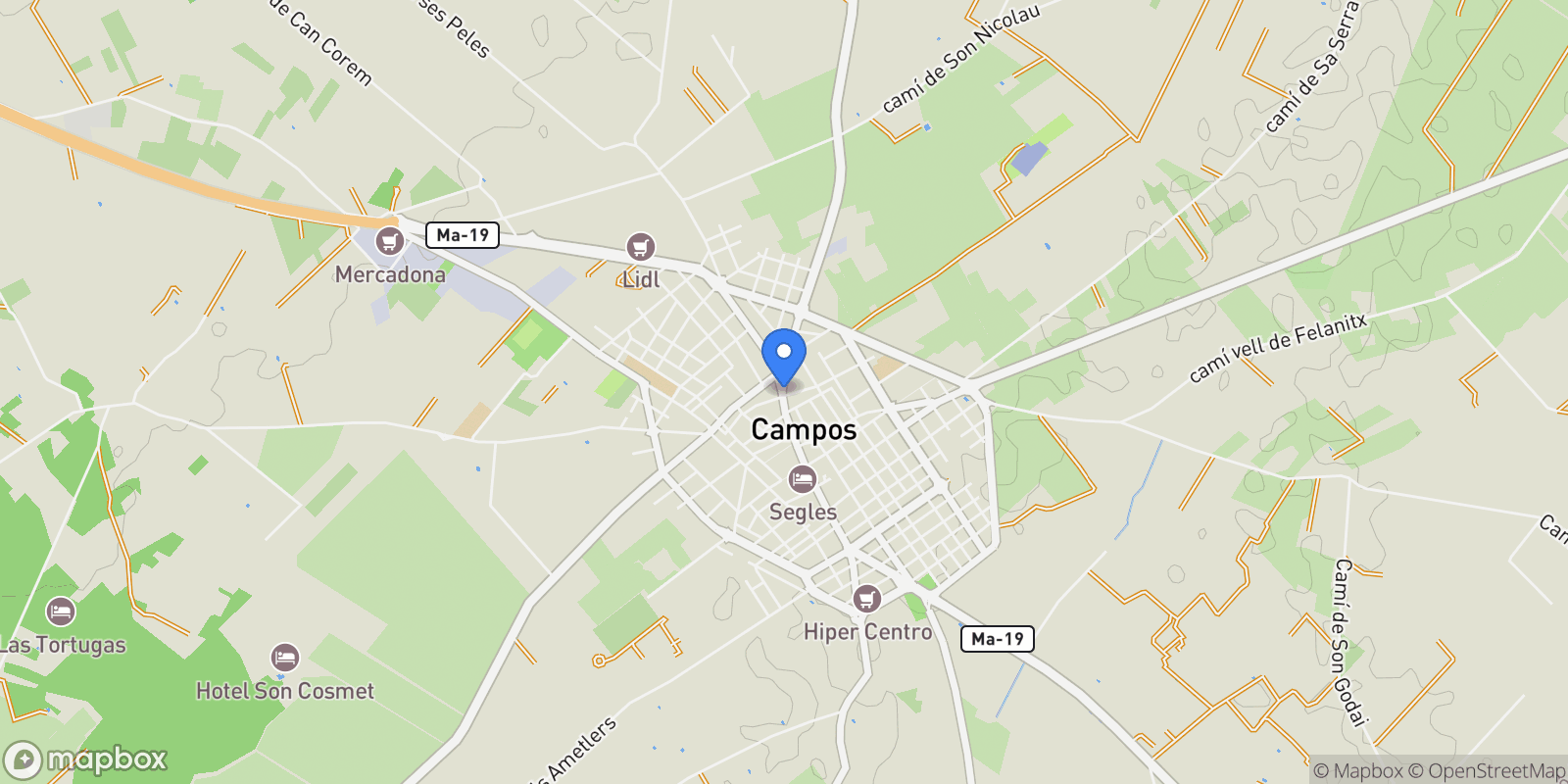 Map showing 07630 Campos, Balearic Islands, Spain, Campos, Balearic Islands, Spain.