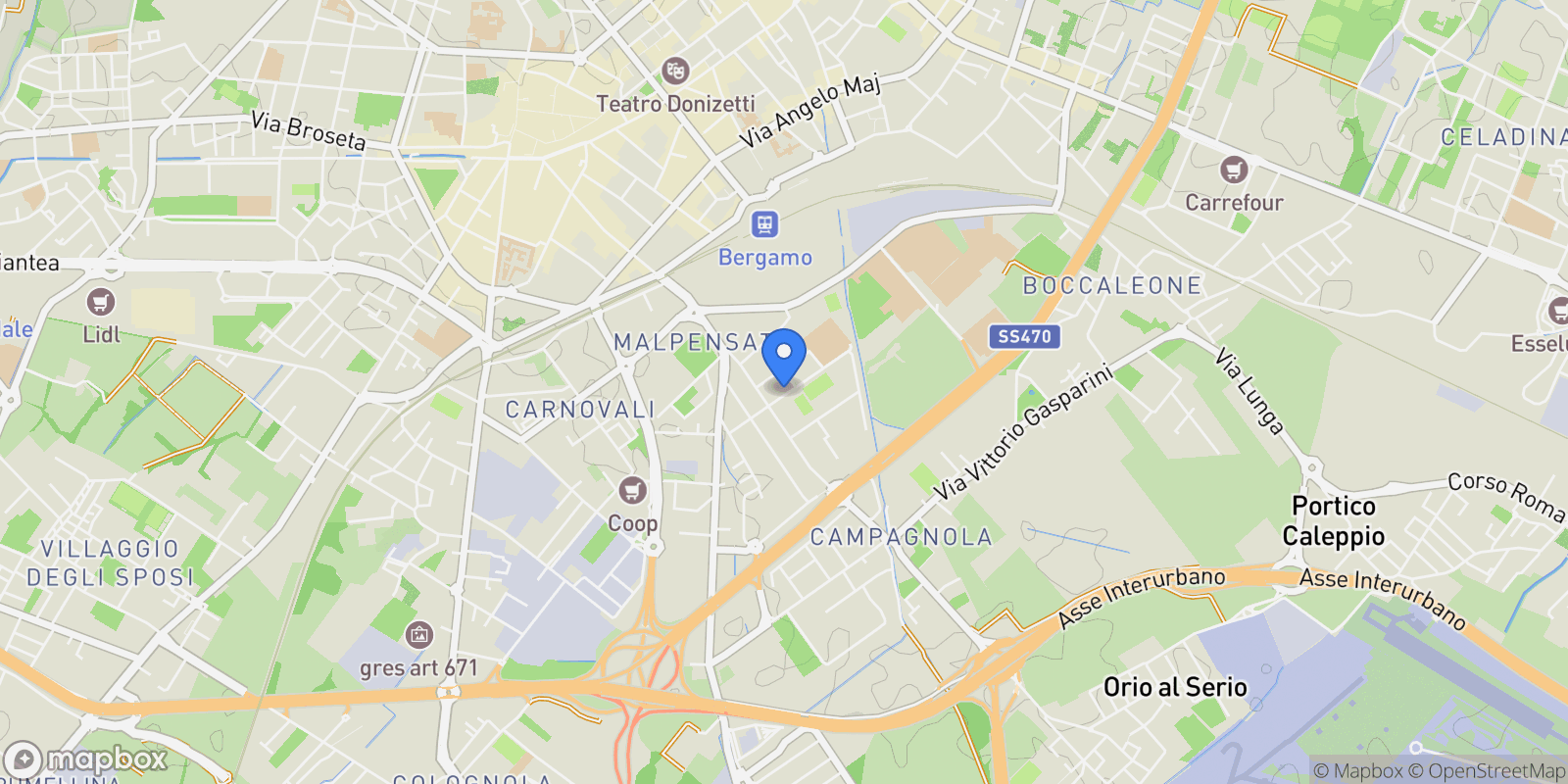 Map showing Bergamo, Lombardy, Italy.