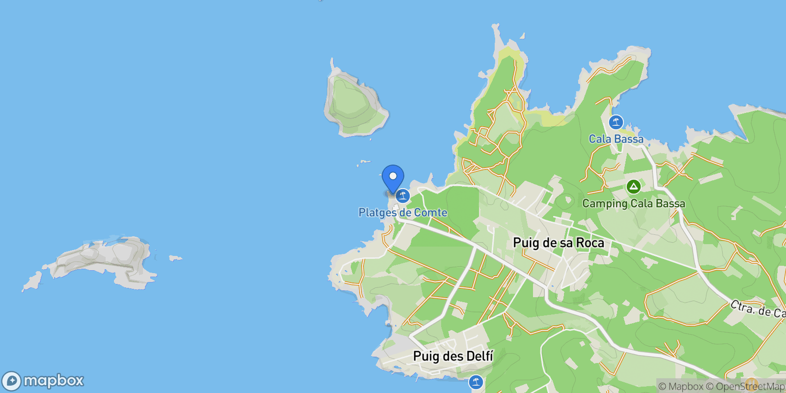 Map showing Platges de Comte, 07830 Sant Josep de sa Talaia, Balearic Islands, Spain, Sant Josep de sa Talaia, Balearic Islands, Spain.