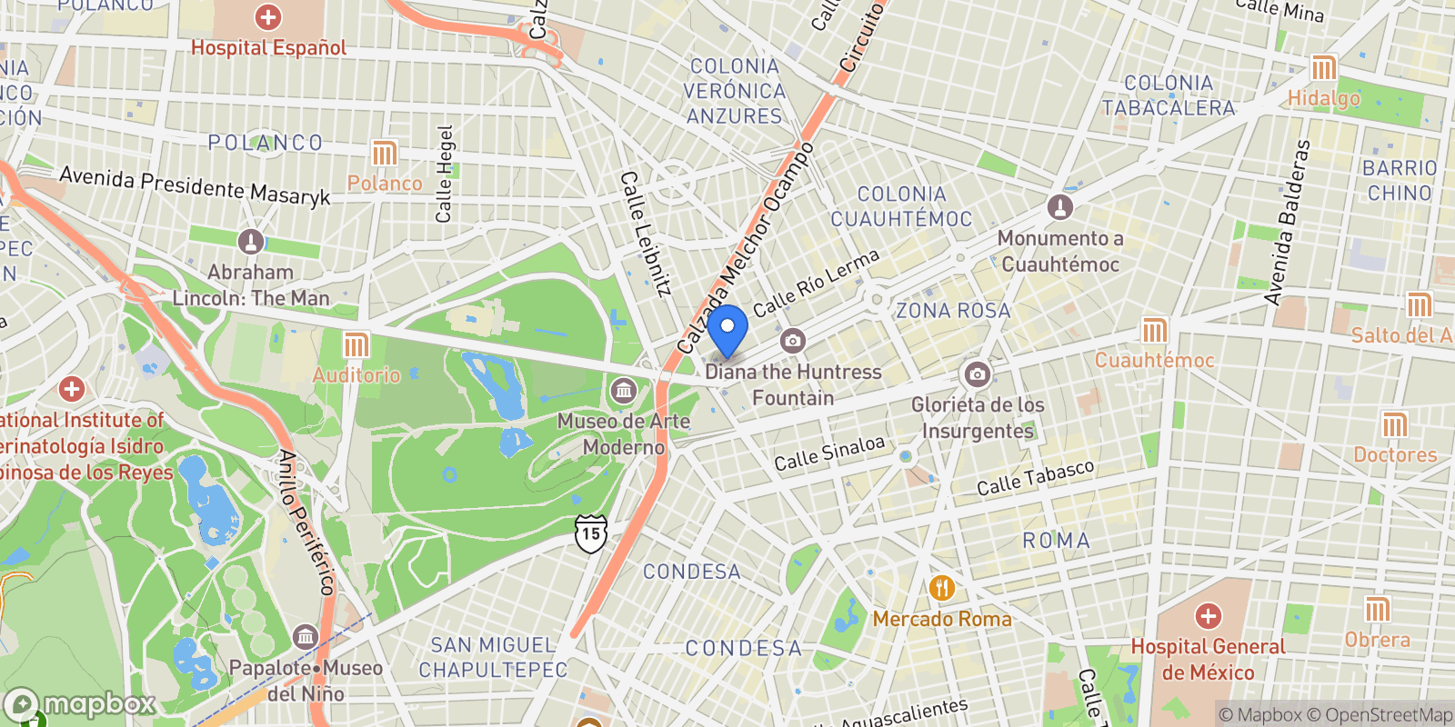 Map showing Paseo de la Reforma 509 Departamento 5001 Juárez, Cuauhtémoc, Mexico City, 06500, Mexico City, Mexico.