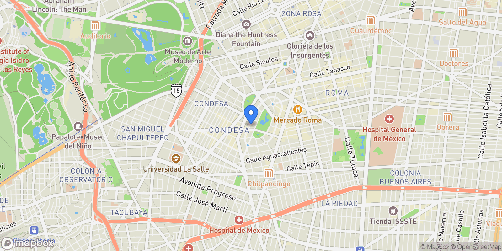 Map showing Amsterdam 122 int. 7 Esq con Avenida Michoacan Hipodromo Condesa, Cuauhtémoc, 06100, Mexico City, Mexico.