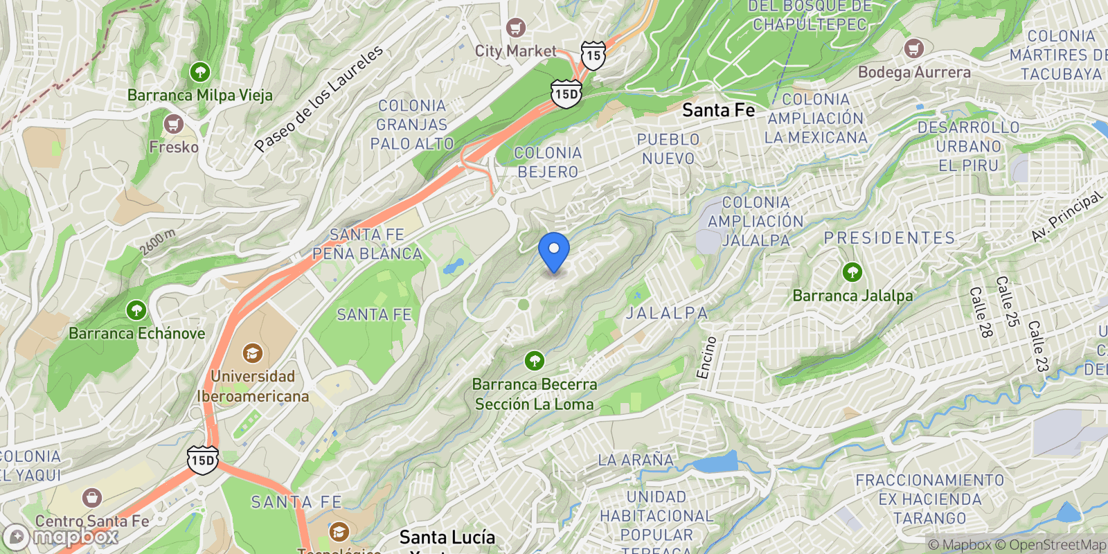 Map showing Av. Bernardo Quintana 75 int 13 Los Patios, Mexico City, 01219, Mexico City, Mexico.