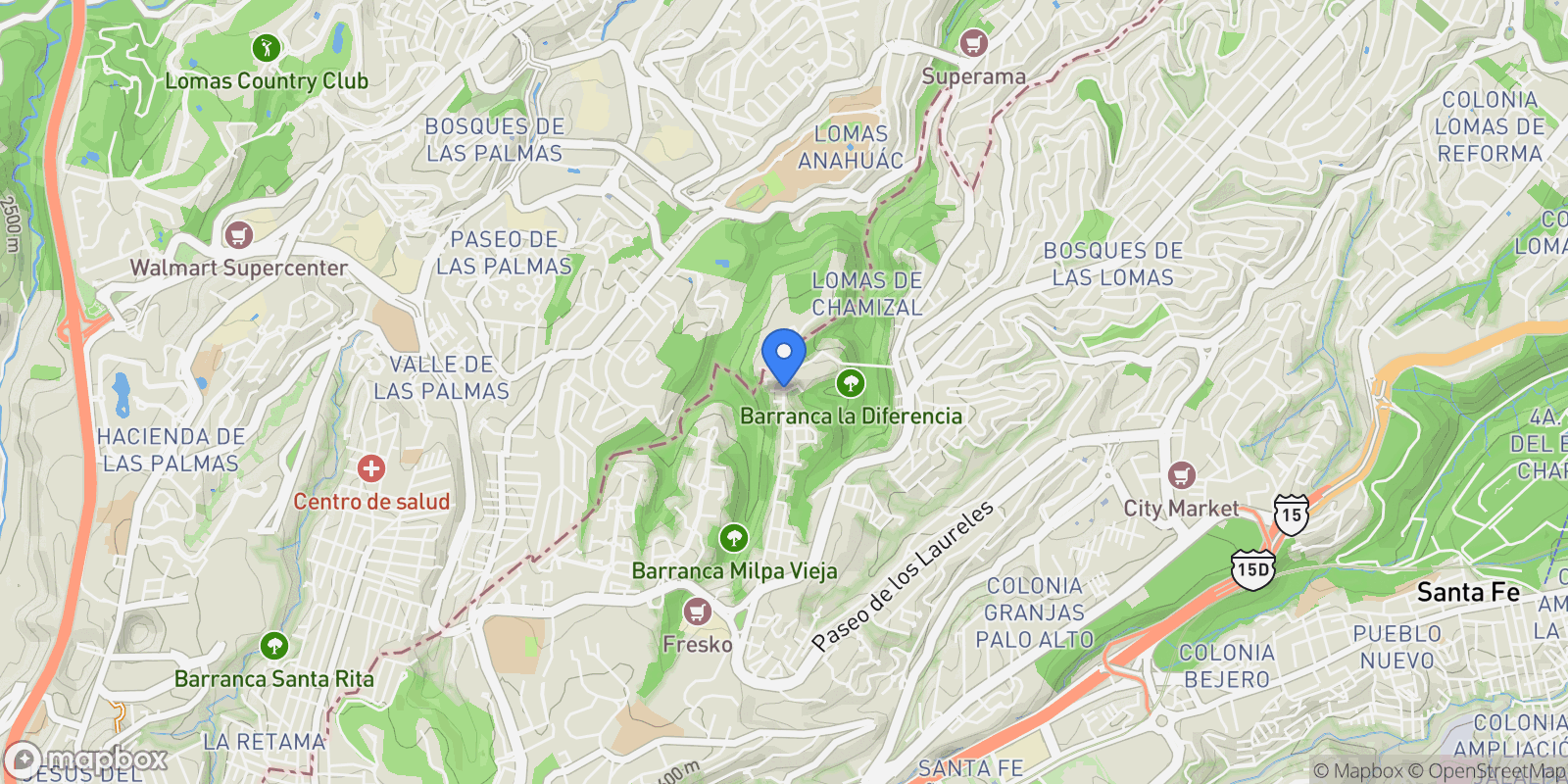 Map showing Av Secretaria de Marina 571 Entrada por bosques de la Reforma Acceso Privado por Av Stim 28, Mexico City, 05129, Mexico City, Mexico.