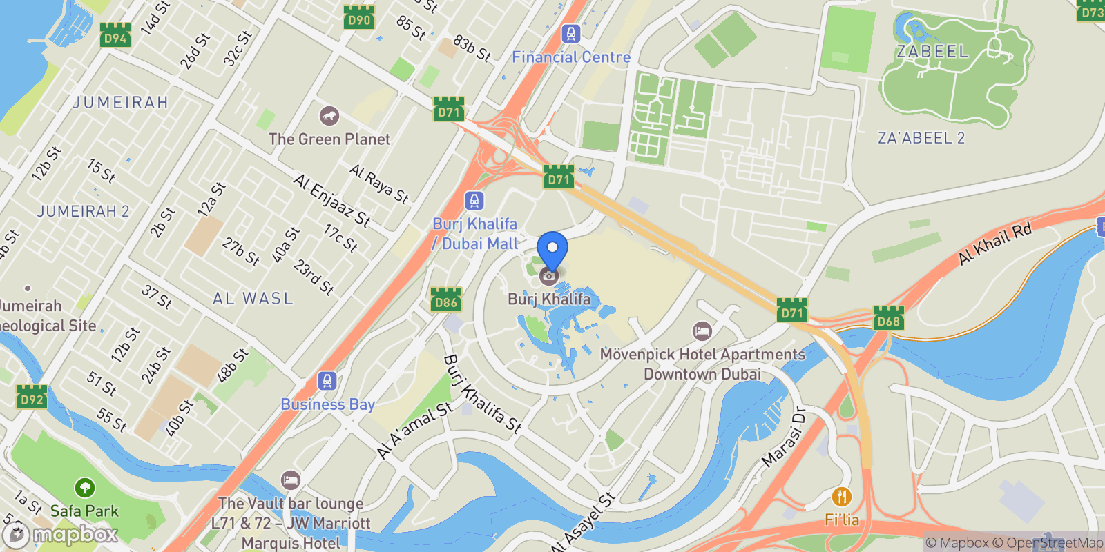 Map showing Burj Khalifa Area 

    , 
       Downtown Dubai, Dubai, Dubai, United Arab Emirates.