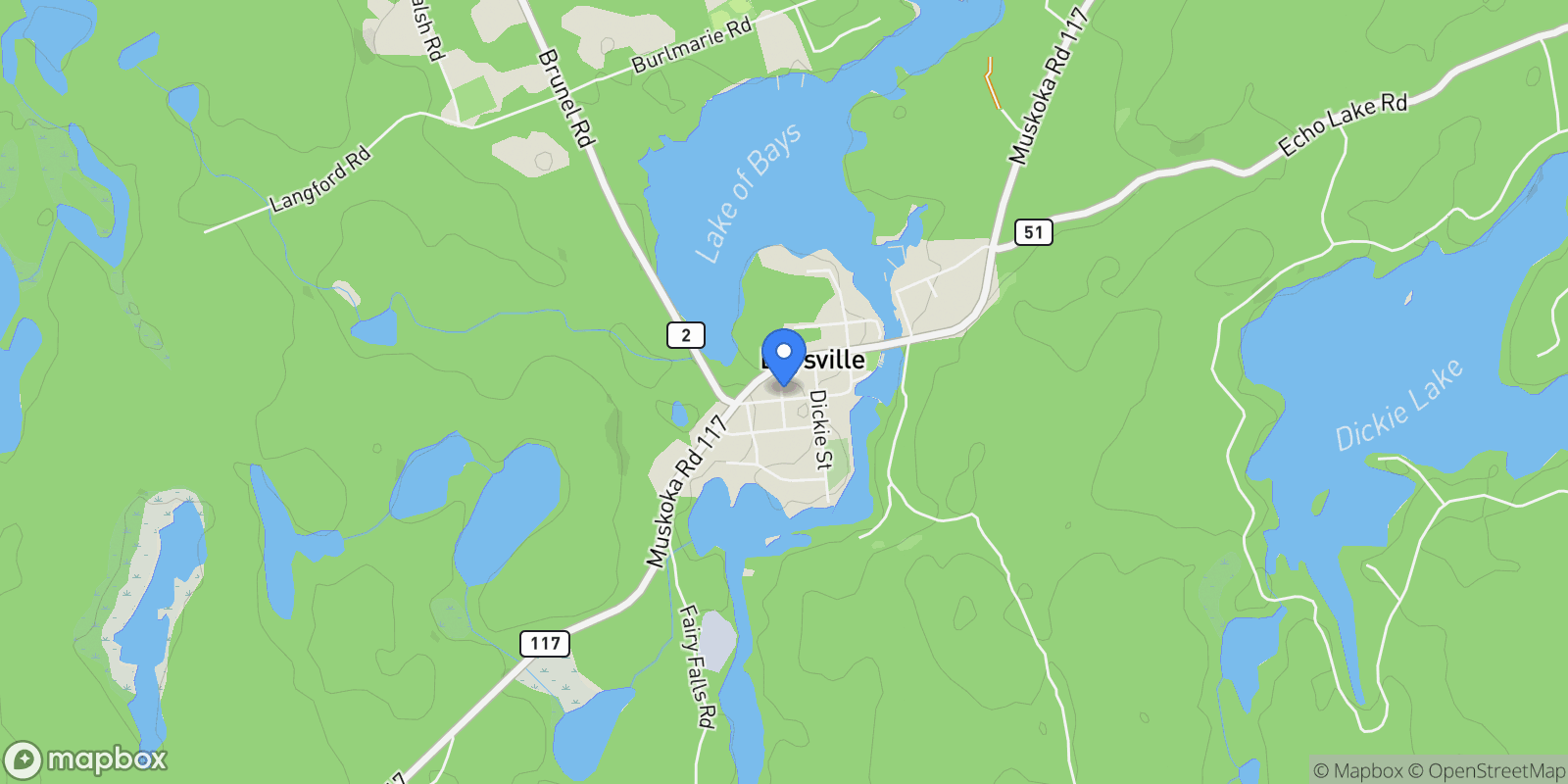Map showing 1183 Dickie Lake Road W, Baysville, Ontario, Canada.