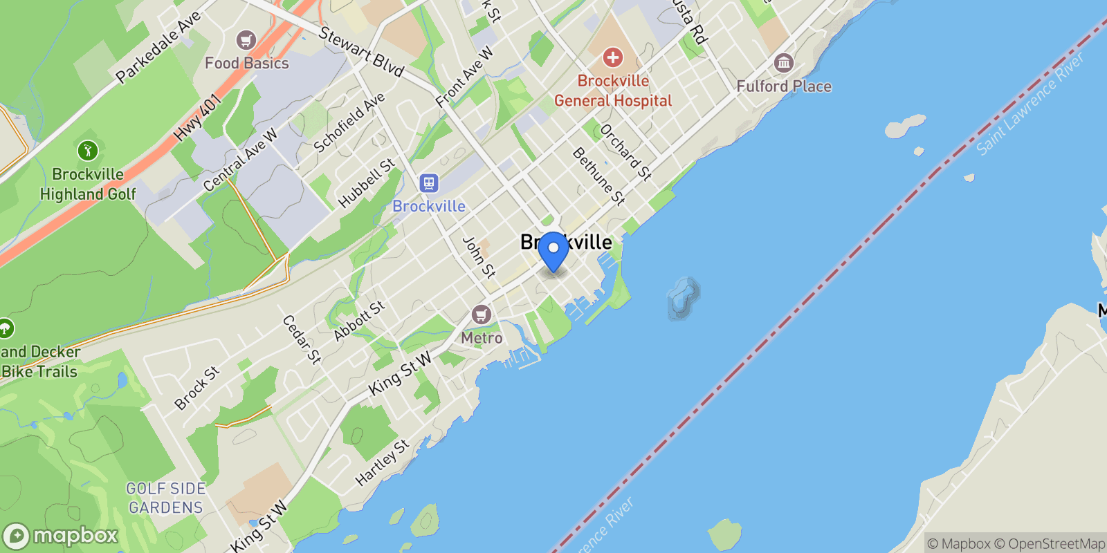 Map showing 30 Apple Street, Brockville, ON K6V 4X8, Brockville, Ontario, Canada.