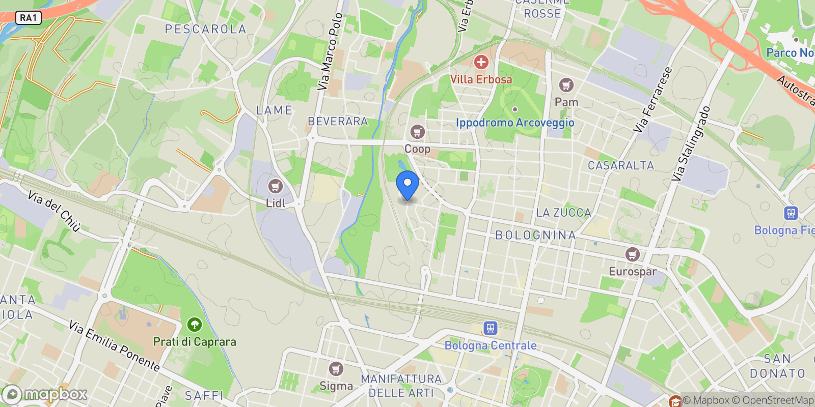 Map showing Via Giorgio Bassani, 40129 Bologna BO, Italy, Bologna, Emilia-Romagna, Italy.
