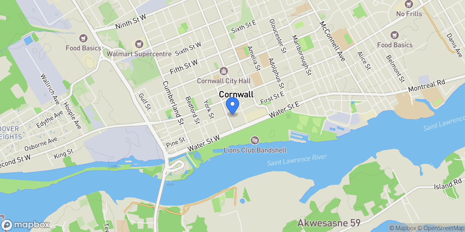 Map showing 40 First Street West, Cornwall, ON K6J 1B9, Cornwall, Ontario, Canada.