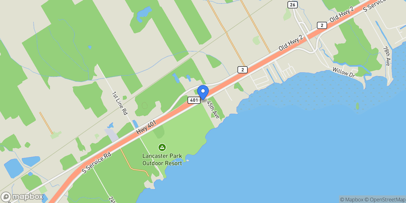 Map showing 20820 South Service Road, South Glengarry, ON K0C 1N0, Lancaster, Ontario, Canada.