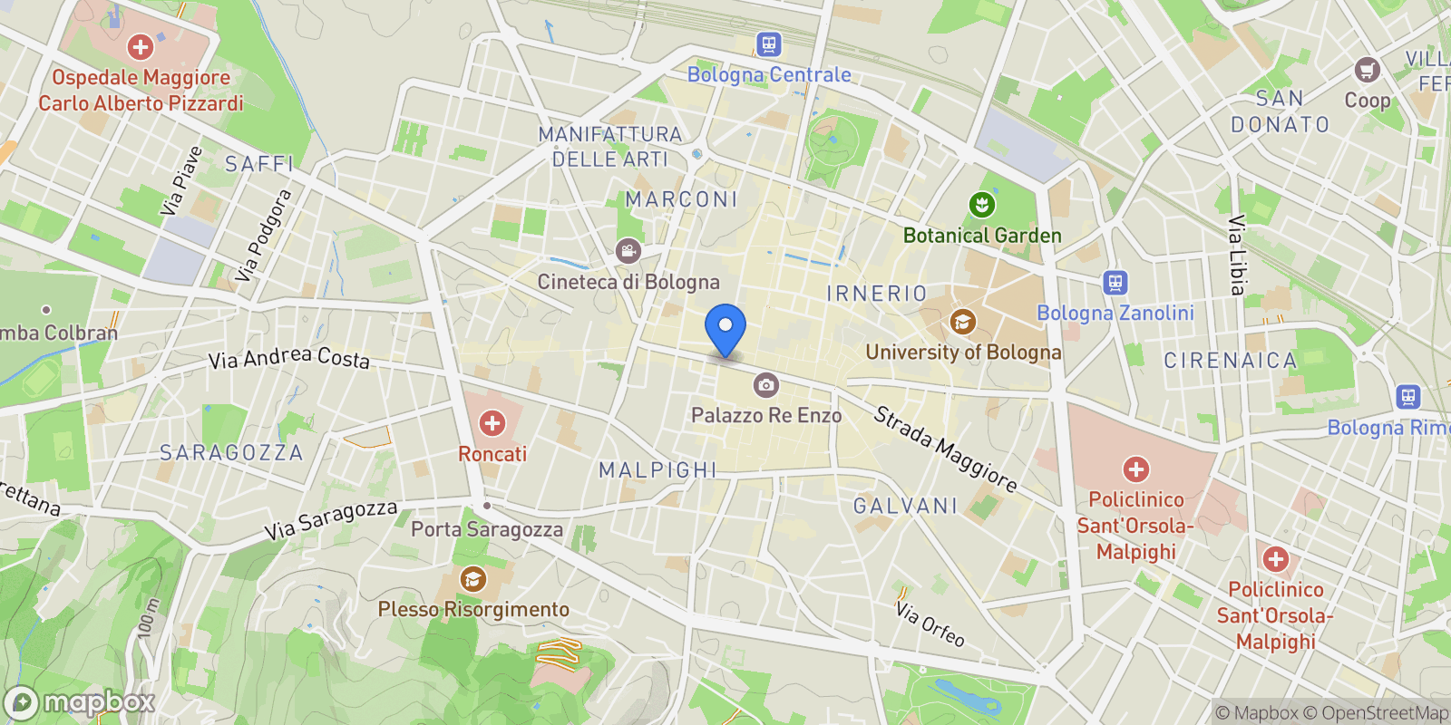 Map showing via ugo bassi ad.ze, Bologna, Emilia-Romagna, Italy.
