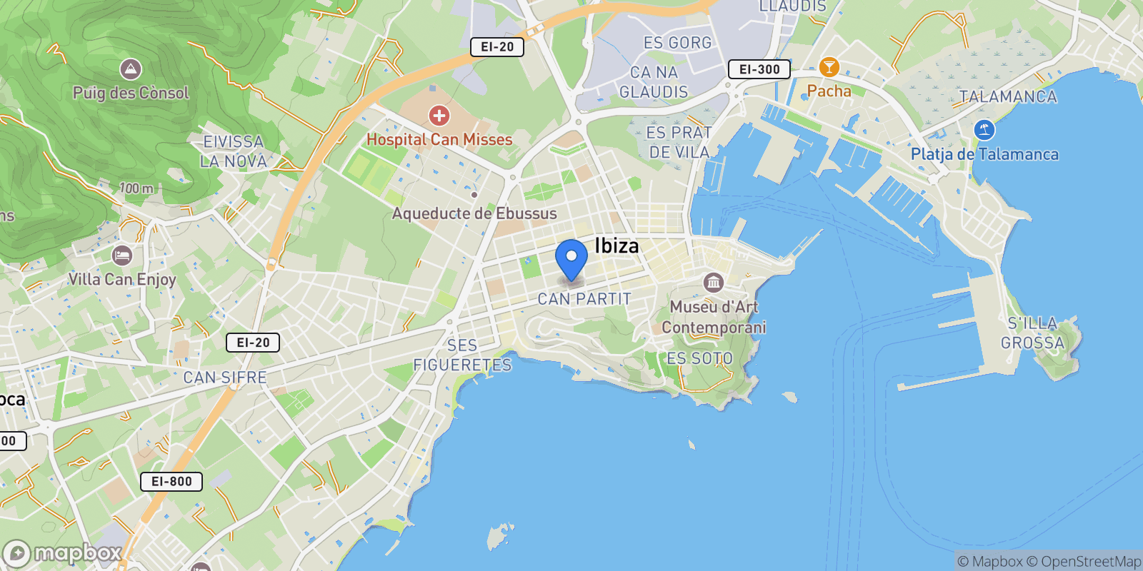 Map showing 38.917286, 1., Ibiza Town, Balearic Islands, Spain.