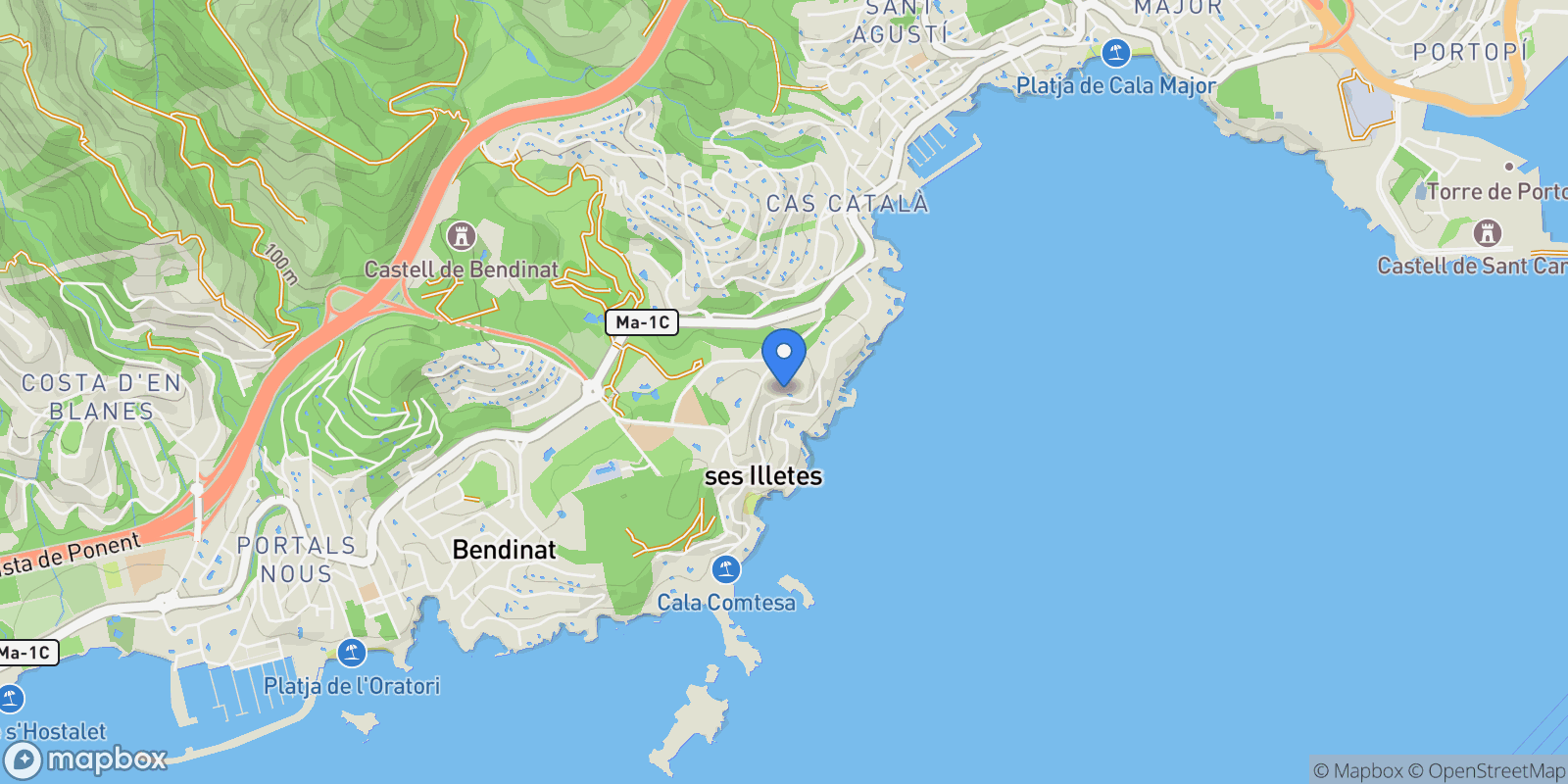 Map showing Paseo Illetes, Calvia, Balearic Islands, Spain.