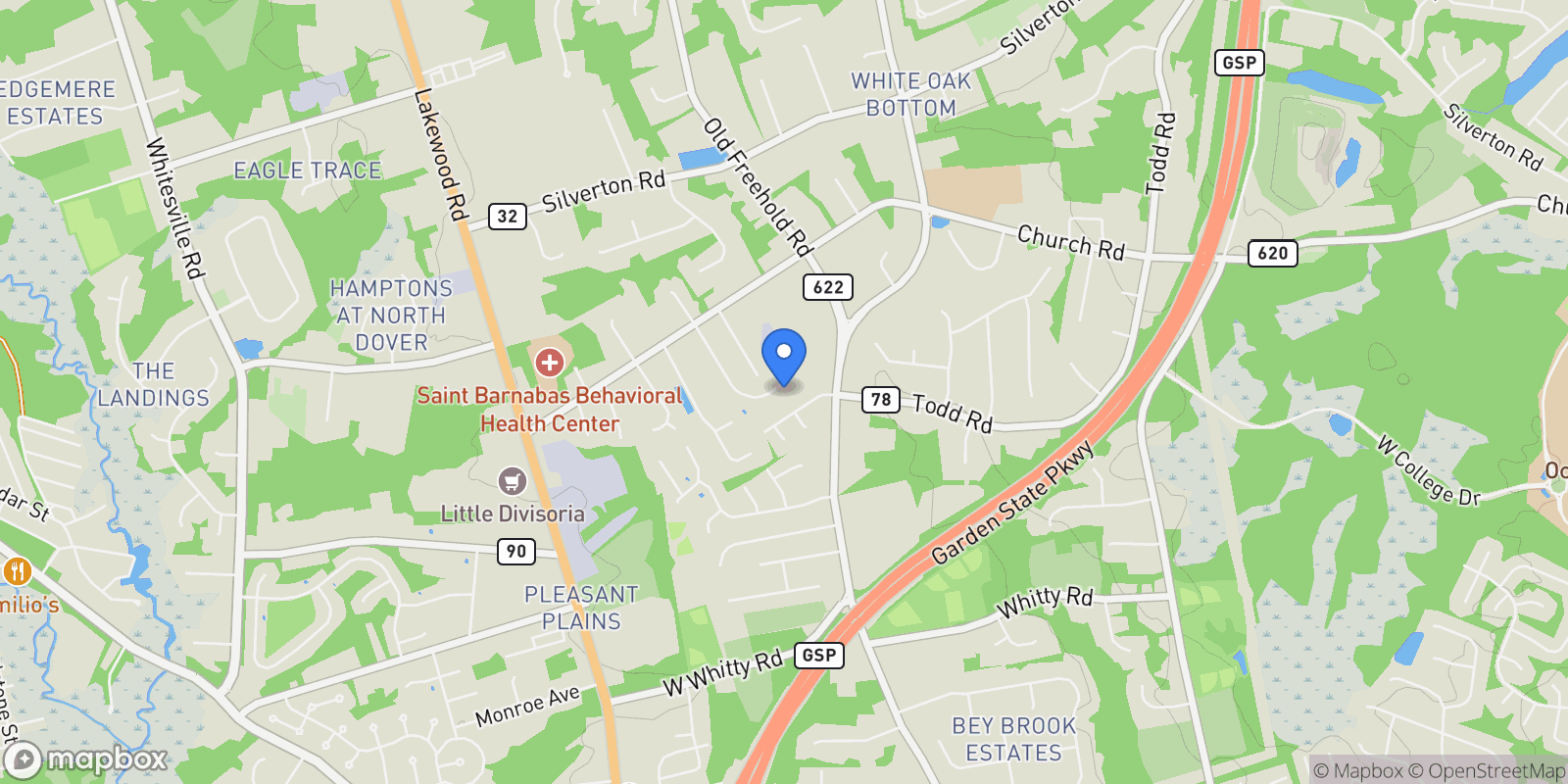 Map showing 1636 Feldmus Lane, Toms River, New Jersey, United States.