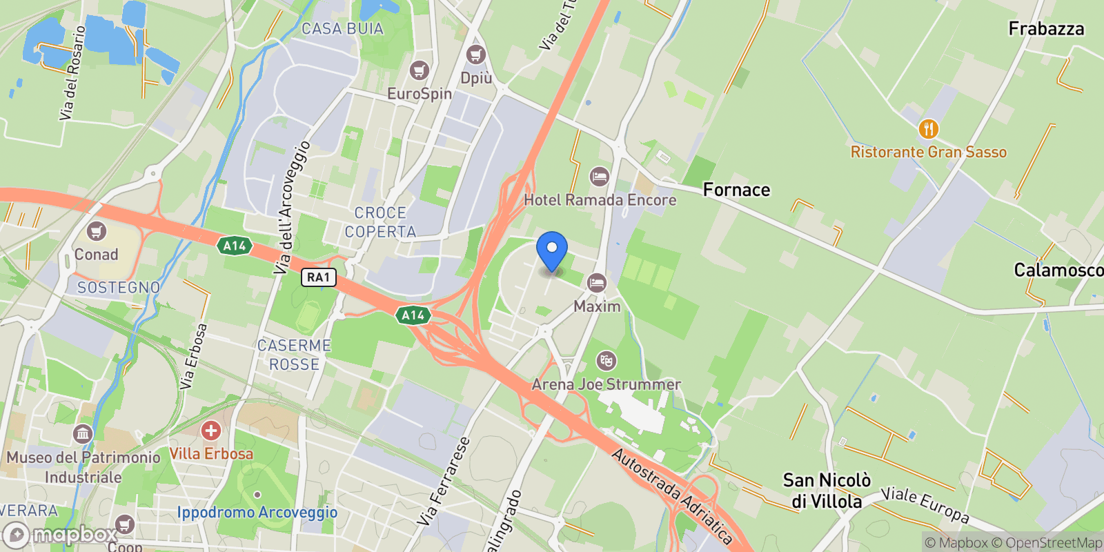 Map showing Via Ferrarese, Bologna, Emilia-Romagna, Italy.