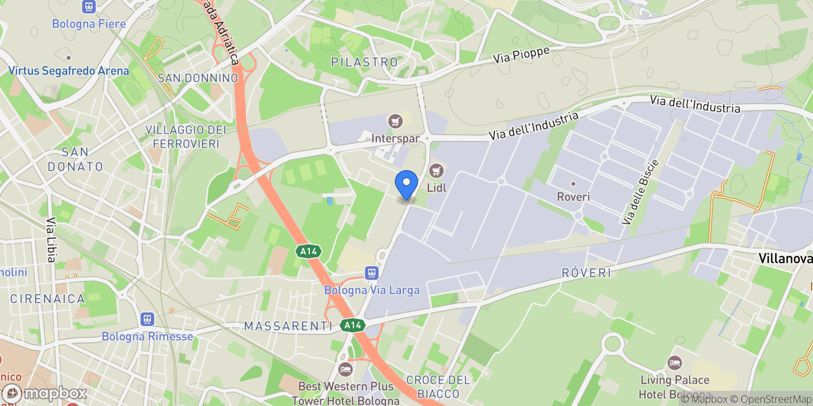 Map showing via larga, Bologna, Emilia-Romagna, Italy.