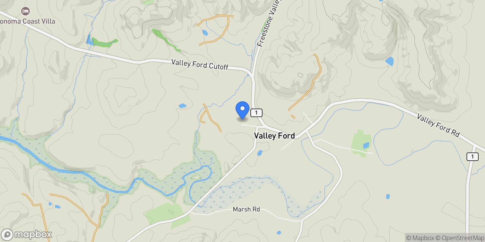 Map showing 14550 Valley Ford Estero, Valley Ford, California, United States.