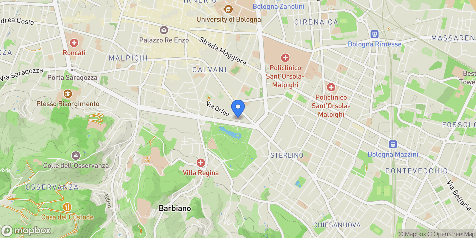 Map showing Piazza del Baraccano, Bologna, Emilia-Romagna, Italy.