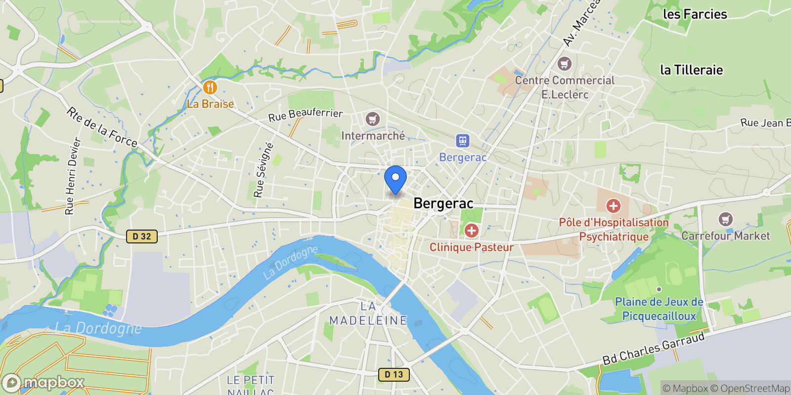 Map showing Bergerac, Nouvelle-Aquitaine, France.