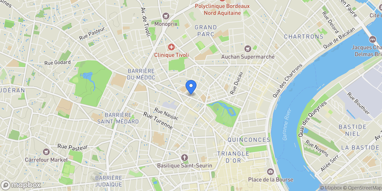 Map showing Bordeaux, Nouvelle-Aquitaine, France.