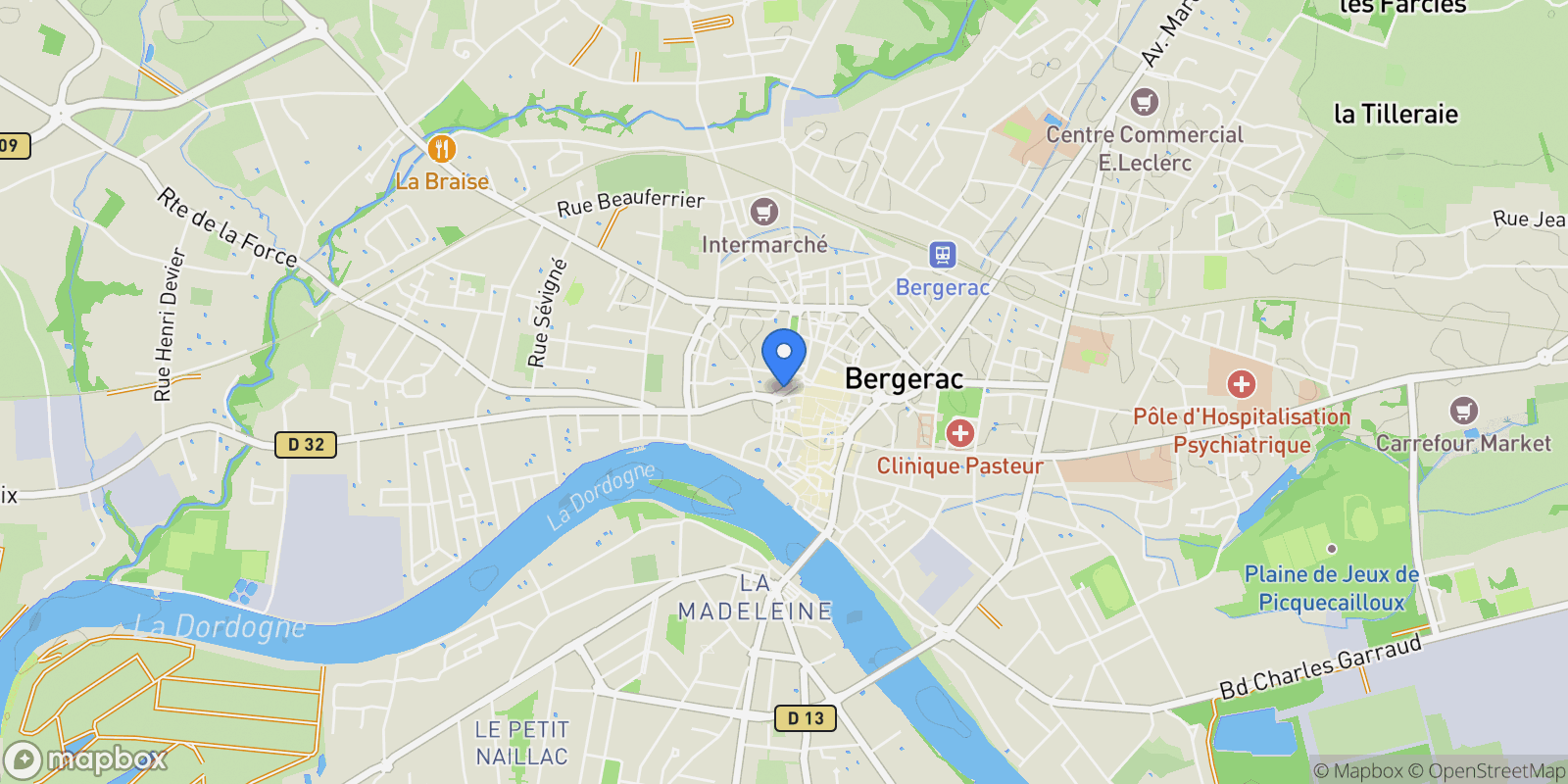 Map showing Bergerac, Nouvelle-Aquitaine, France.