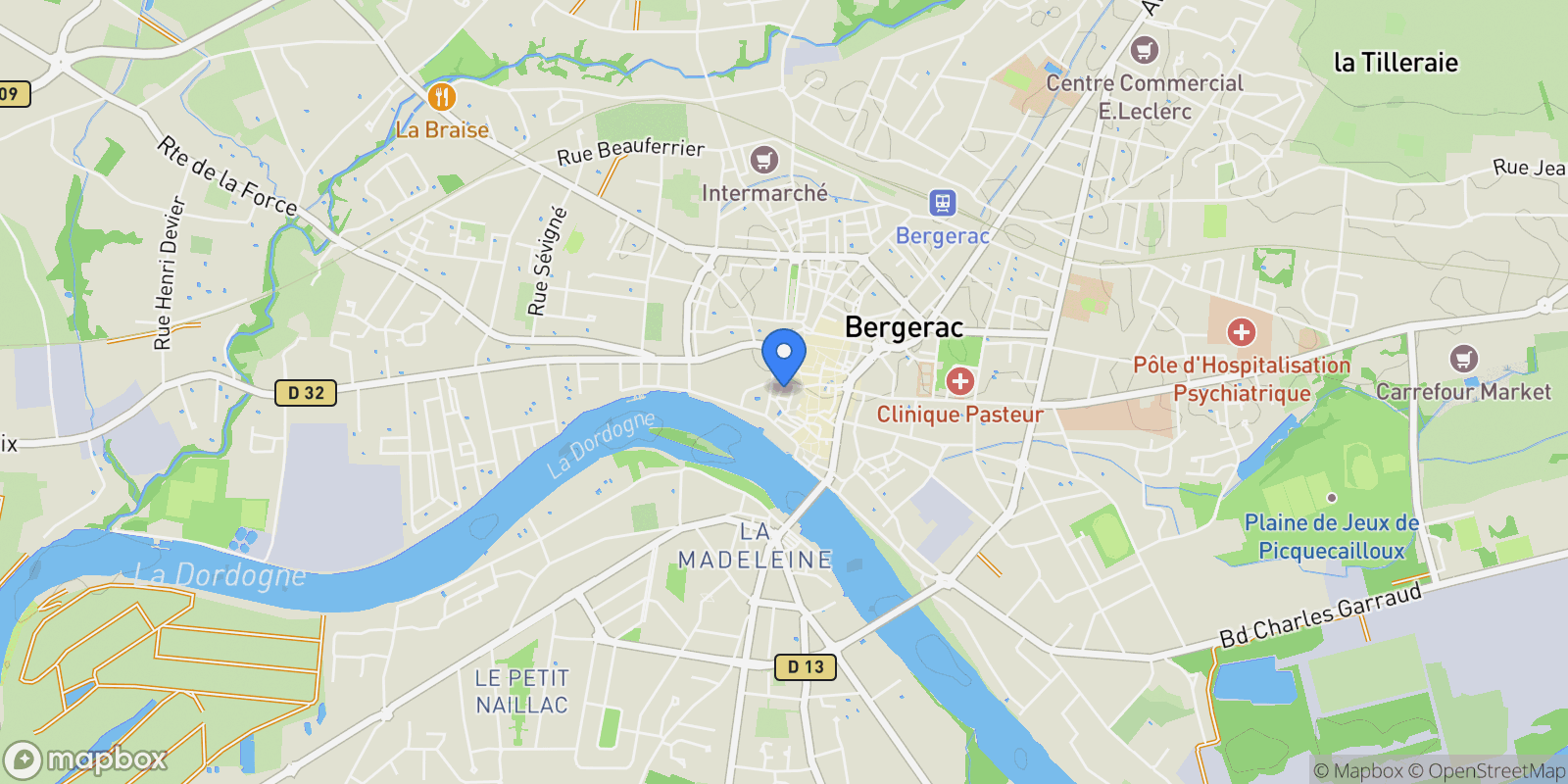 Map showing Bergerac, Nouvelle-Aquitaine, France.