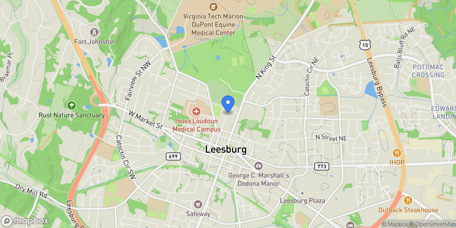 Map showing 222 WIRT ST STREET NW, LEESBURG, VA 20176, Leesburg, Virginia, United States.