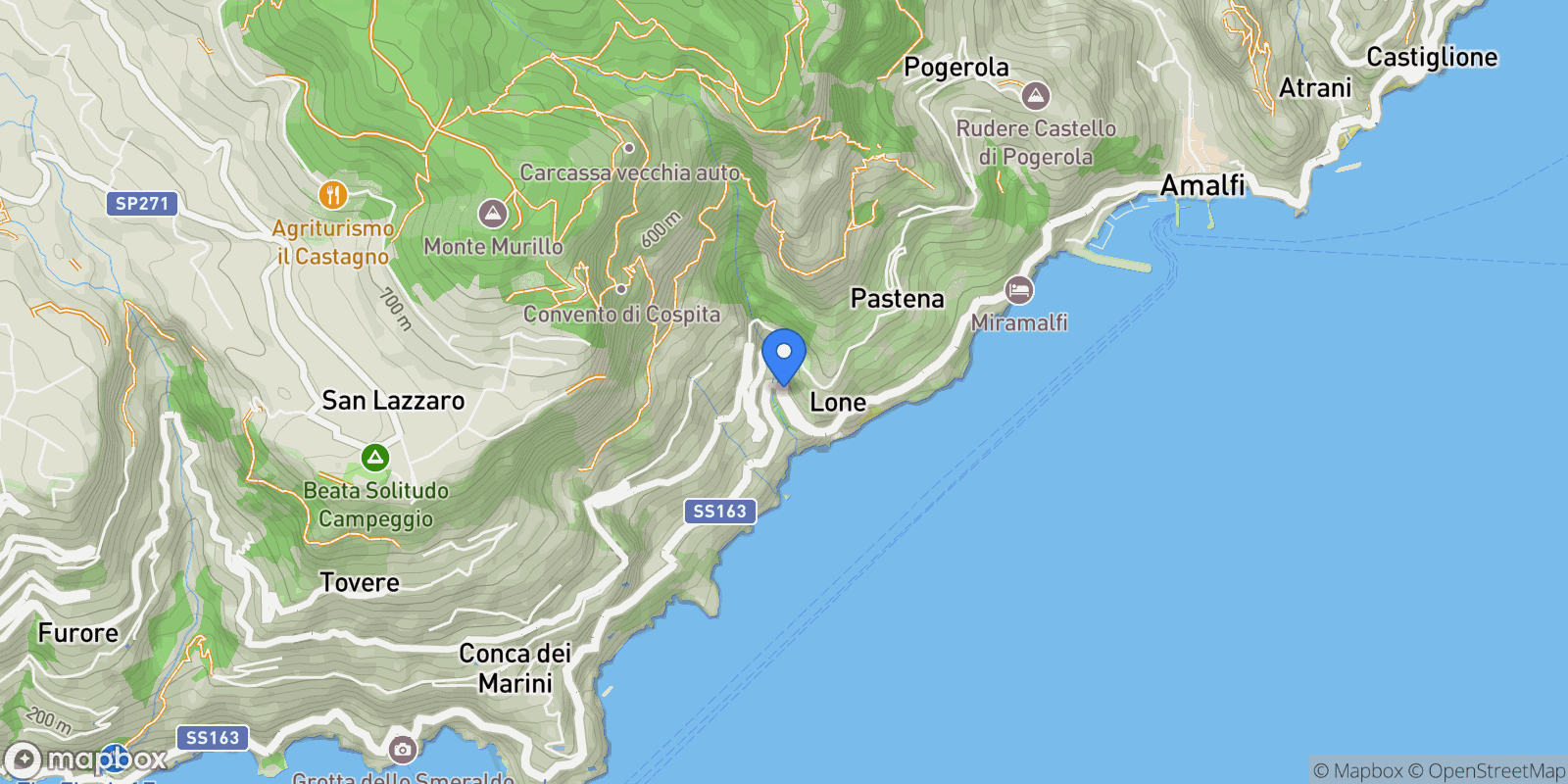 Map showing Via Vescovo Pimenio, Amalfi, Campania, Italy.